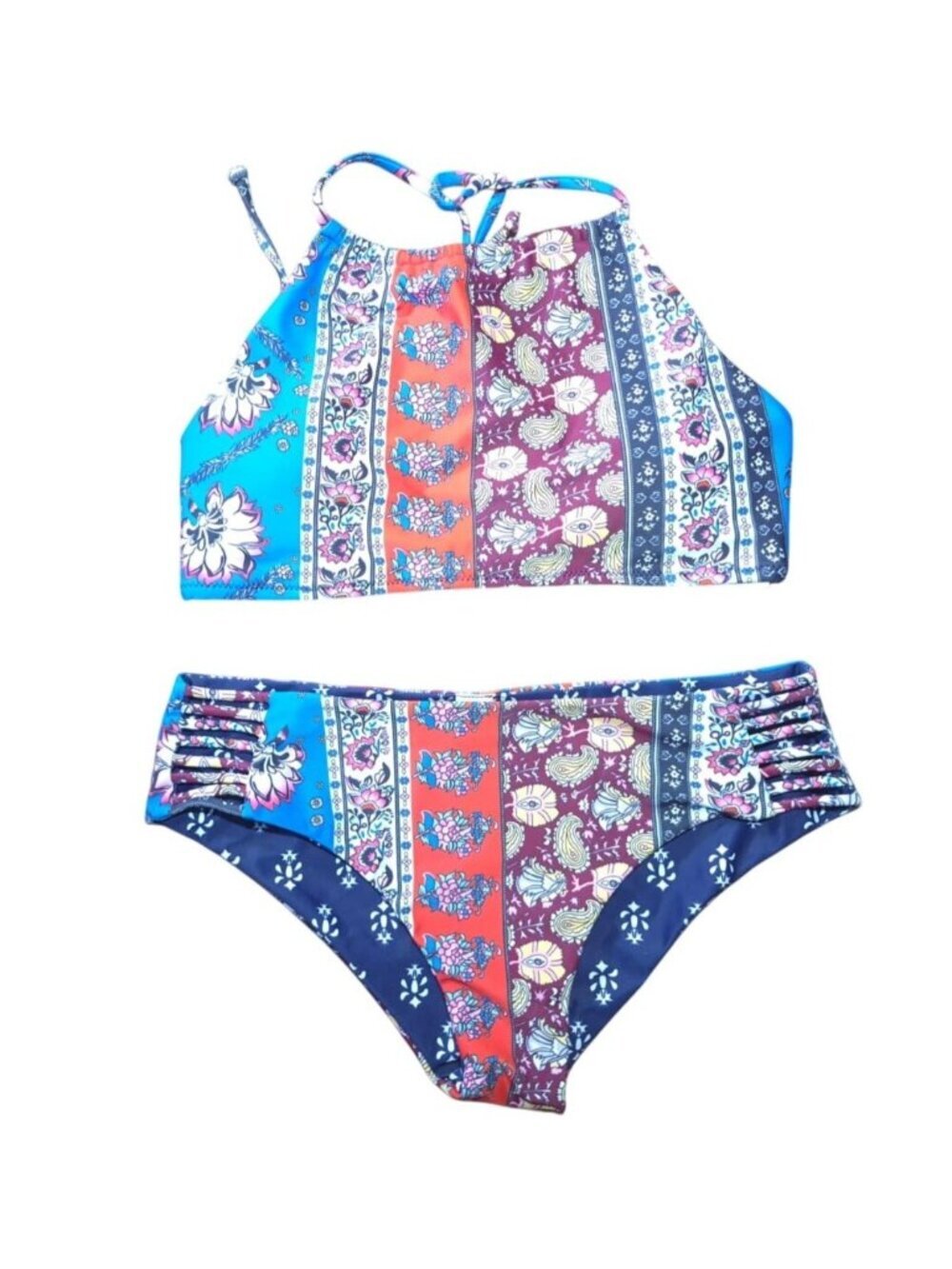 Boho High Neck Bikini Set Womens Medium Floral Paisley Print Swimwear Stretch.